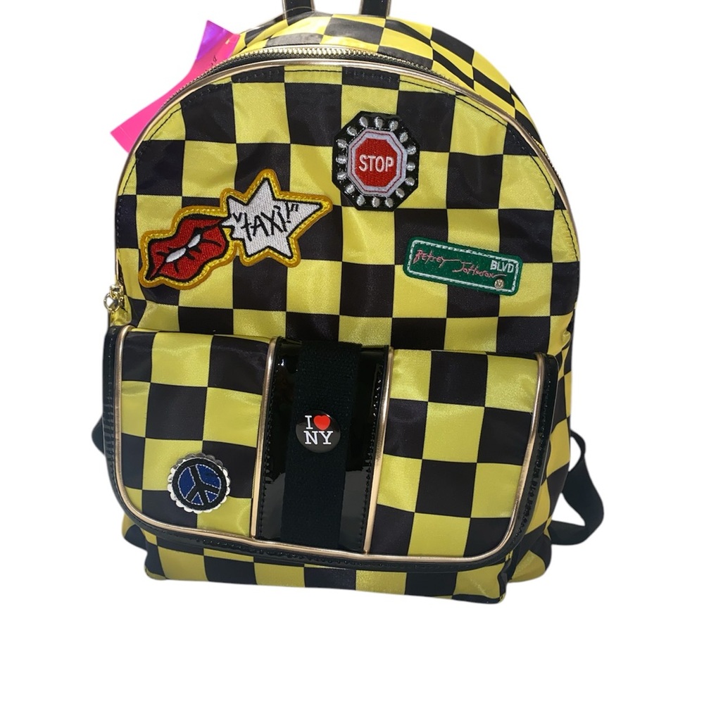 Betsey Johnson Yellow and Black Checkered Backpack with Patches NWT